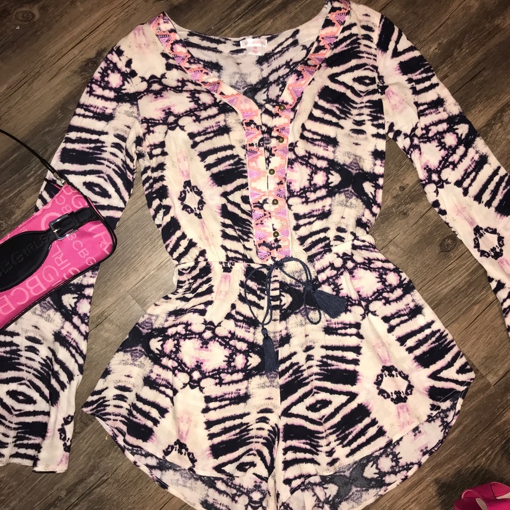 Boho Pink/Navy Tie Dyed Romper Long Sleeves